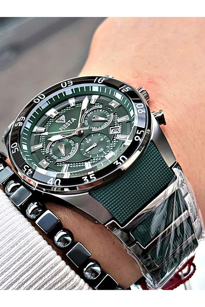 Fiesta Green Color Silicone Metal Steel Case Cord Men Wrist Watch + Bracelet