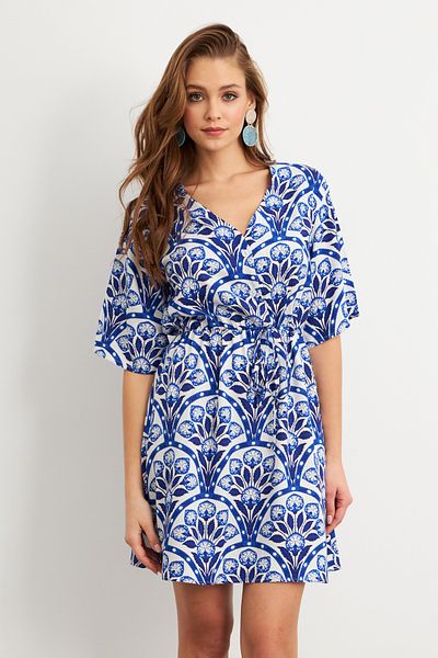 Cool & Sexy Women's Ecru-Sax Patterned Mini Dress Q1006