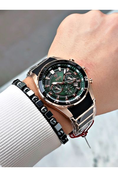 Fiesta Black Color Silicone Metal Steel Case Cord Men Wrist Watch + Bracelet