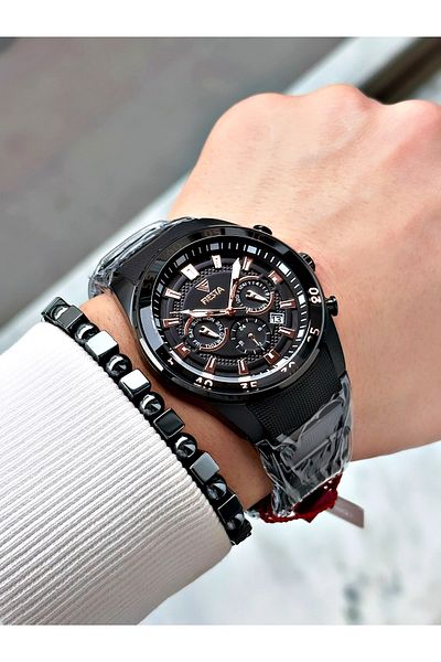 Fiesta Black Color Silicone Metal Steel Case Cord Men Wrist Watch + Bracelet