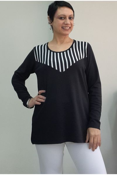 Mertcan Butik Black Front Black and White Stripe Color Block Long-Sleeve Combed Viscose T-Shirt