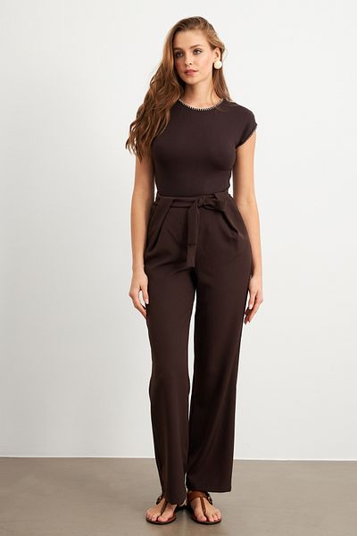 Cool & Sexy Women's Brown Elastic Waist Belted Trousers Flu7251