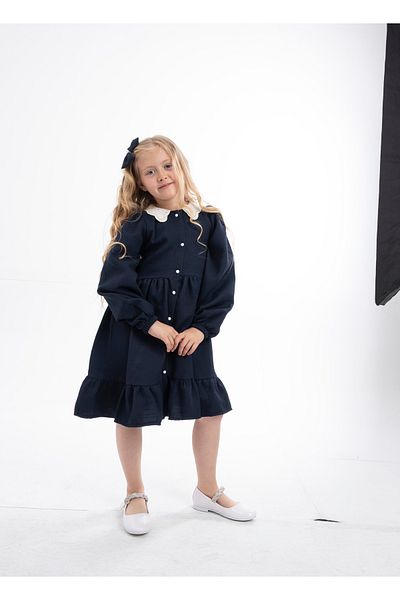 opheliateks Wednesday Ready Collar Vintage Children's Dress-Long Sleeve-Navy Blue