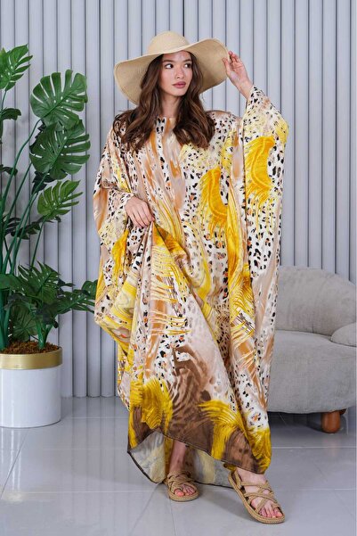 My Blog Yellow Patterned Large Size Viscose Dress - 4010