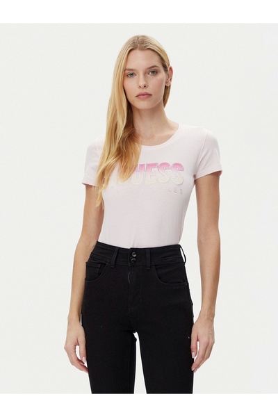 Guess Women's Pink Glitter Gradient Logo T-Shirt