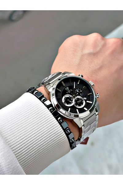 Fiesta Silver Color Function Steel Case Cord Elite Men's Wrist Watch + Bracelet