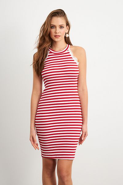 Cool & Sexy Women's Red Lace Detailed Striped Midi Dress Mk36