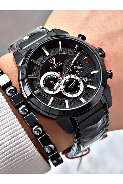 Fiesta Black Color Function Steel Case Cord Elite Men's Wrist Watch + Bracelet
