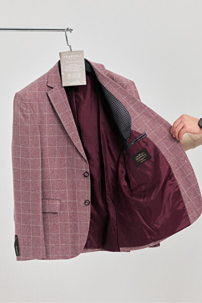 Frappoli Messini Erkek Bordo Ekose Kumaşlı Mono Yaka Blazer Ceket (Büyük Beden - Battal)