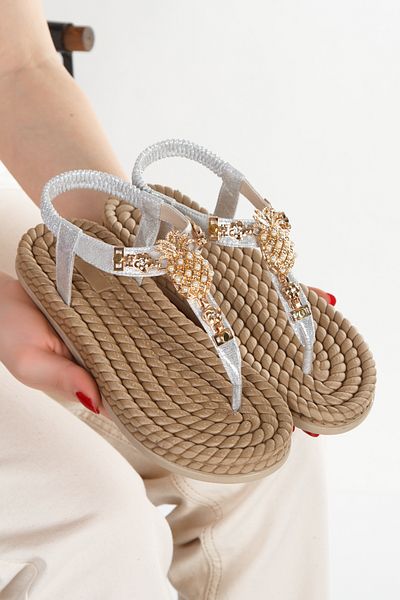 HAYAT SHOES Straw Flip Flops Pineapple Buckle Elastic Back Silver Color Daily Comfortable Stylish Women's Sandals