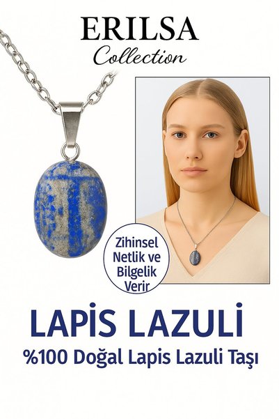 Erilsa Sertifikalı Oval Lapis Lazuli Taşı Doğal Taş Kolye Gümüş Aparatlı Zihi...