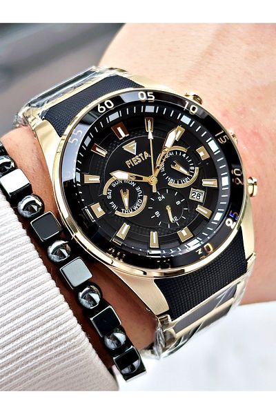 Fiesta Black Color Silicone Metal Steel Case Cord Men Wrist Watch + Bracelet