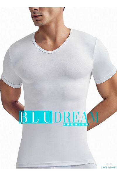 Bludream Men's 2 Pack Economic White Bamboo V Neck Short Sleeve Undershirt Singlet