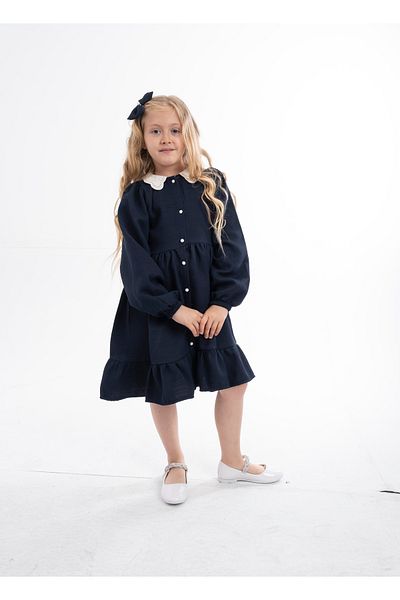 opheliateks Wednesday Ready Collar Vintage Children's Dress-Long Sleeve-Navy Blue