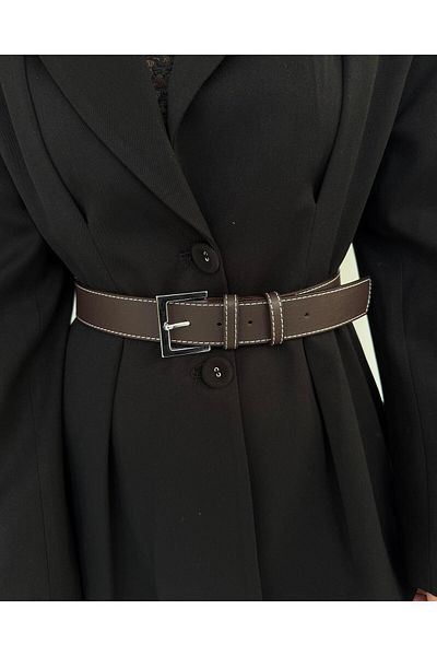 Tina İstanbul Ασημένια Πόρπη Ραμμένη Ζώνη 4cm Bitter Brown