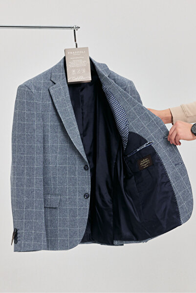 Frappoli Ανδρικό σακάκι μπλέιζερ με μονό γιακά από σκούρο ναυτικό καρό ύφασμα...