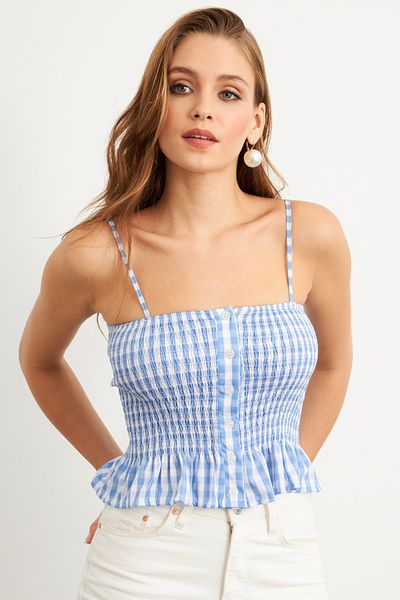 Cool & Sexy Γυναικεία Μπλε Καρό Ελαστική Μπλούζα Crop MTK13397