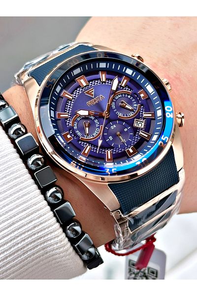 Fiesta Navy Blue Color Silicone Metal Steel Case Cord Men Wrist Watch + Bracelet