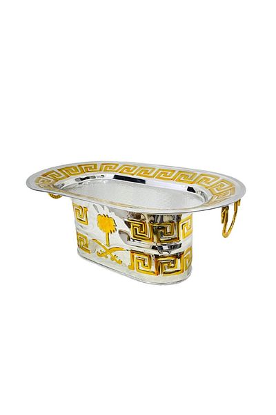 ALSAIF KITCHEN Oval hospitality serving tray with a sword and palm motif and a gold-colored base
