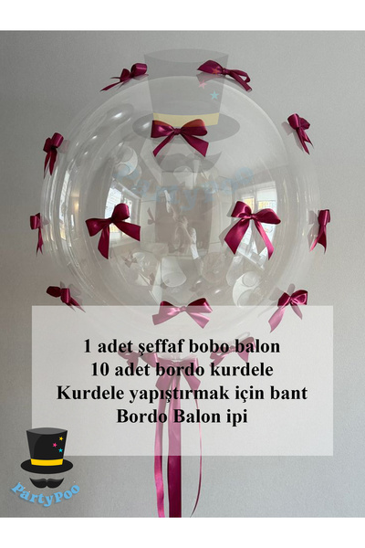 PartyPoo Transparent Bobo Balloon Burgundy Ribbon Bow Set Bow Balloon
