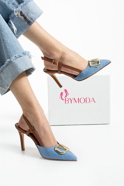 Bymoda Nou sezon Stiletto Denim Culoare Aur Catarama Pantofi dama