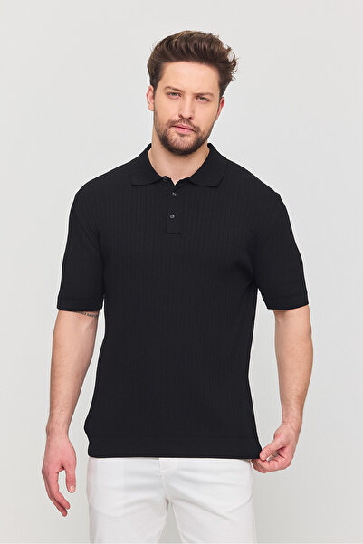 Frappoli Soria Men's Black Cotton Blended Self-Striped Polo Neck Slim Fit Knitwear