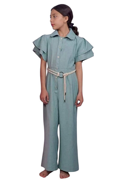 İrem Çocuk Giyim Kız Çocuk Kemer Aksesuarlı Düğme Kapamalı Su Yeşili Tulum