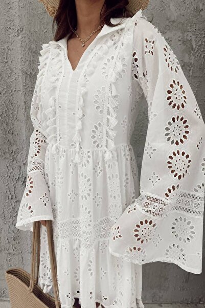 Nana & Mayka Moda Καλοκαιρινό Γυναικείο Μίνι Φόρεμα με Παγωμένες Φούντες - 100% Βαμβάκι |   Ισπανικός βραχίονας 6007