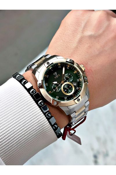 Fiesta Gold Silver Color Function Steel Machinery Guaranteed Men's Wrist Watch + Bracelet