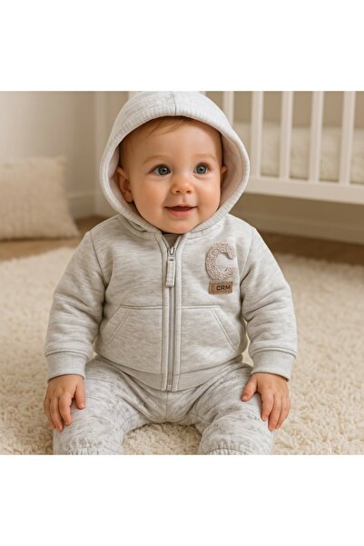 Caramell Erkek Bebek Gri Melanj İkili Polar Takım Sıcak ve Yumuşak Polar Bebe...