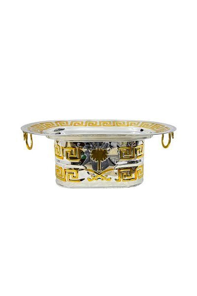 ALSAIF KITCHEN Oval hospitality serving tray with a sword and palm motif and a gold-colored base