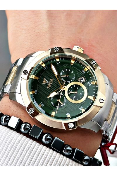 Fiesta Gold Silver Color Function Steel Machinery Guaranteed Men's Wrist Watch + Bracelet