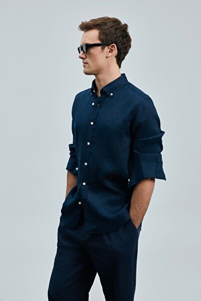 Lufian 111010630 Пітая Лляна сорочка Comfort Fit Чоловіча сорочка СИНЯ