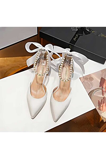 Modavien Women's Silver Satin 5 cm Pearl Bridal Shoes
