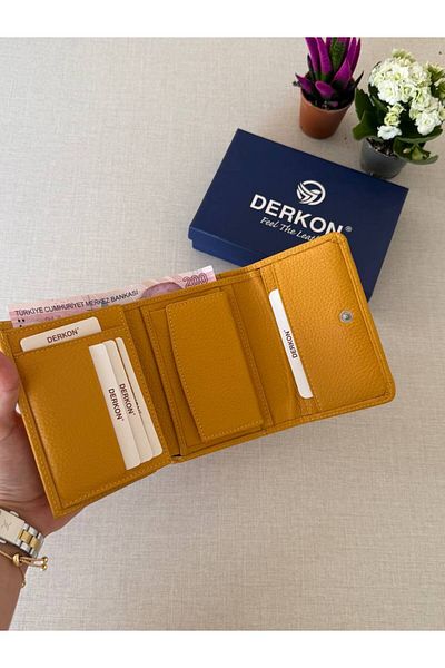 DERKON Genuine Leather Wallet with Mini Coin Compartment Mustard Yellow