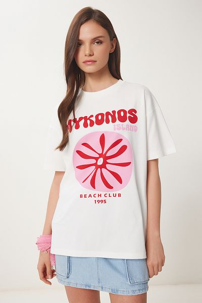 Lovelyİstanbul Oversize Printed Knitted T-Shirt Ecru Lcr0060