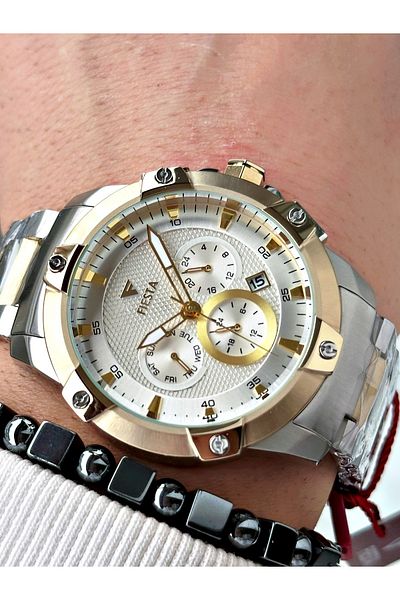 Fiesta Gold Silver Color Function Steel Machinery Guaranteed Men's Wrist Watch + Bracelet
