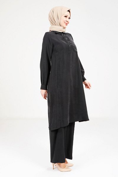 Beyza Relaxed Cut Black Tunic Pants Suit 9241