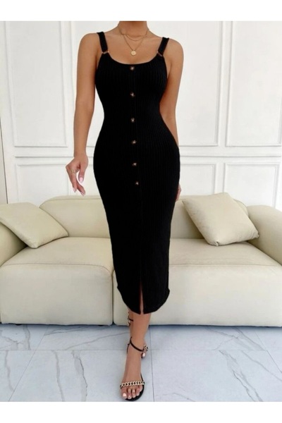 Fü Me Style Fü&Me Style Kadın Askılı Düğme Detaylı Önden Yırtmaçlı Siyah Elbise