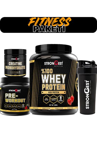 STRONGEST Fitness Pack, Strawberry Flavored Whey Protein, Creatin, Preworkout and Shaker Quadruple Combination