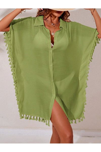 HOPLEVER Bat Sleeve Buttoned Pareo with Tasseled Edge