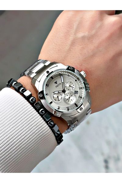 Fiesta Silver Color Function Steel Machinery Guaranteed Men's Wrist Watch + Bracelet