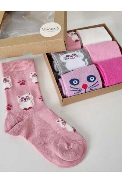 Moonys Socks Collection 6'lı Kız Çocuk Kedi Desenli Renkli Çorap Kutusu