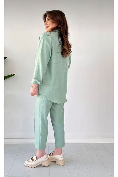 ZoeFlower Women's Double Linen Shirt Pants Bottom Top Suit Turquoise