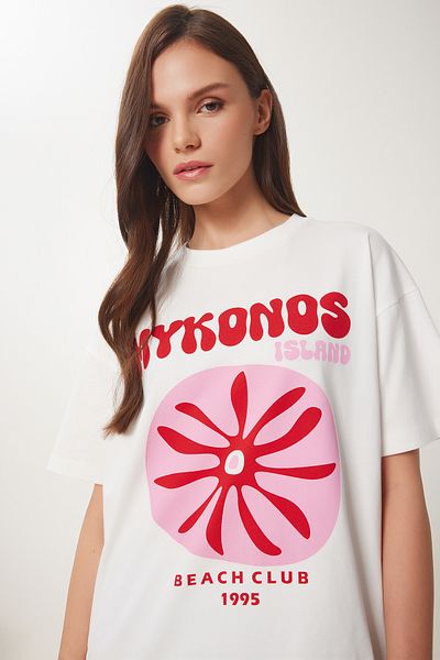 Lovelyİstanbul Oversize Printed Knitted T-Shirt Ecru Lcr0060
