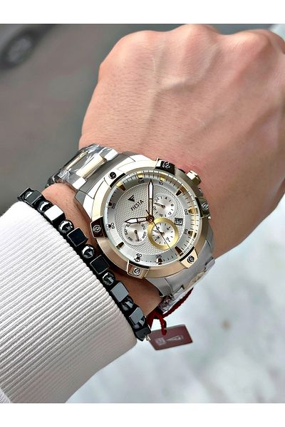 Fiesta Gold Silver Color Function Steel Machinery Guaranteed Men's Wrist Watch + Bracelet