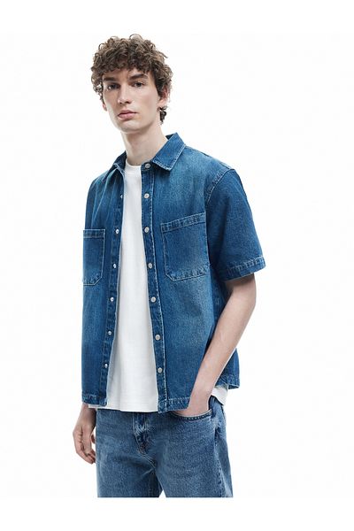 Koton Βαμβακερή τσέπη με κοντό μανίκι Oversize τζιν πουκάμισο