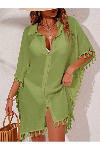 HOPLEVER Bat Sleeve Buttoned Pareo with Tasseled Edge