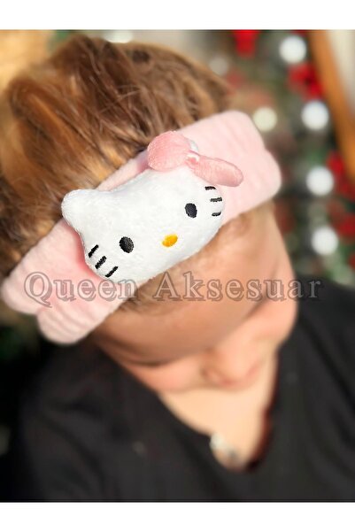 QUEEN AKSESUAR Peluş hello kitty kedi figürlü oyuncaklı yumuşak lastikli makyaj bakım saç bantı pembe band