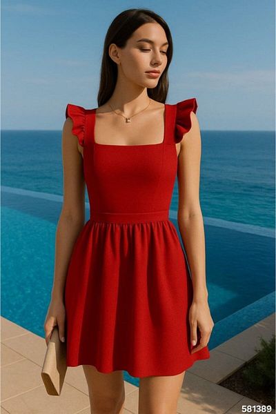 Femella Women Fashion Women's Diver Crepe Fabric Mini Dress with Shoulder Ruffles and Bow Detail on the Back
